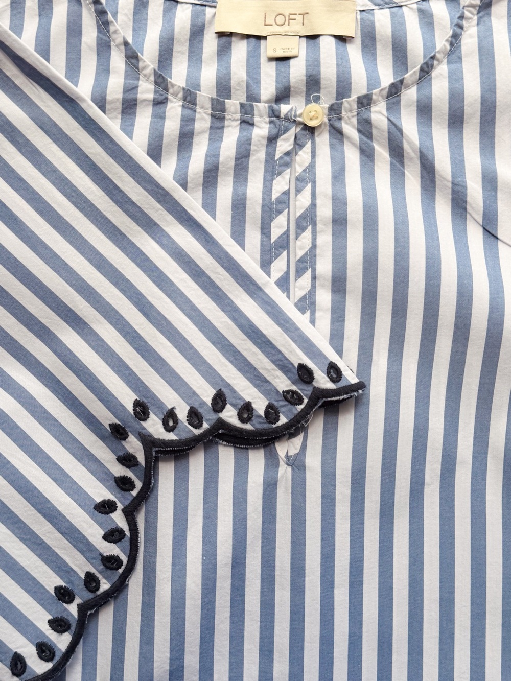 LOFT Blue and White Striped Embroidered Flutter-Sleeve Blouse - Picture 3 of 8